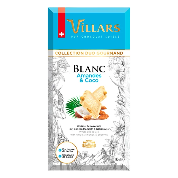 Шоколад"Villars"белый с миндалем и кокос. 180гр Швейцария
