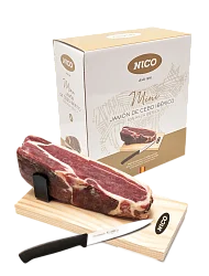 Подарочный набор Хамон "Нико" 50% Иберико Себо мини с/в 24 мес с доской и ножом