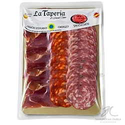 Нарезка "La Taperia" хамон серрано, чоризо, сальчичон с/в 105 гр Нарезка "La Taperia" хамон серрано, чоризо, сальчичон с/в 105 гр
